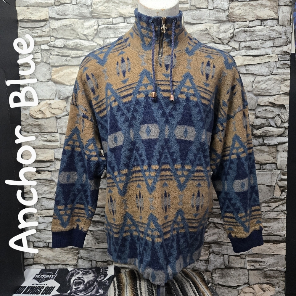Anchor Blue Men's Geometric Sweater Quarter Zip Blue and Tan